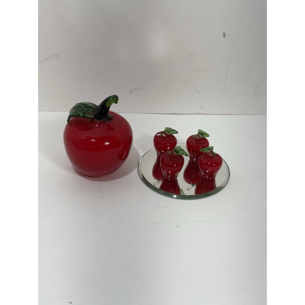 Lot of 5 Vintage Murano Style Apple Hand Blown Glass Decor Art Mini Apple Mirror